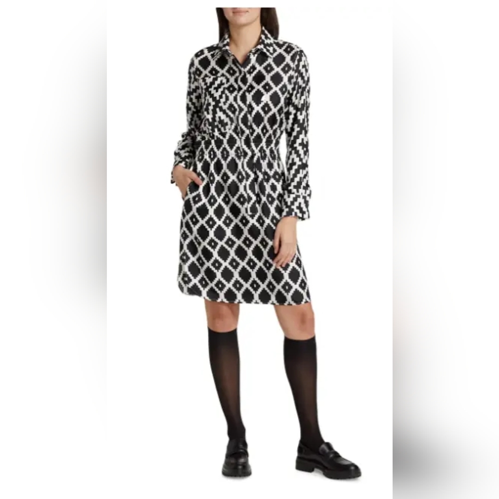 NWT Max Mara Silk Printed Shirtdress Size 8 Black White Geometric Made in Italy.
